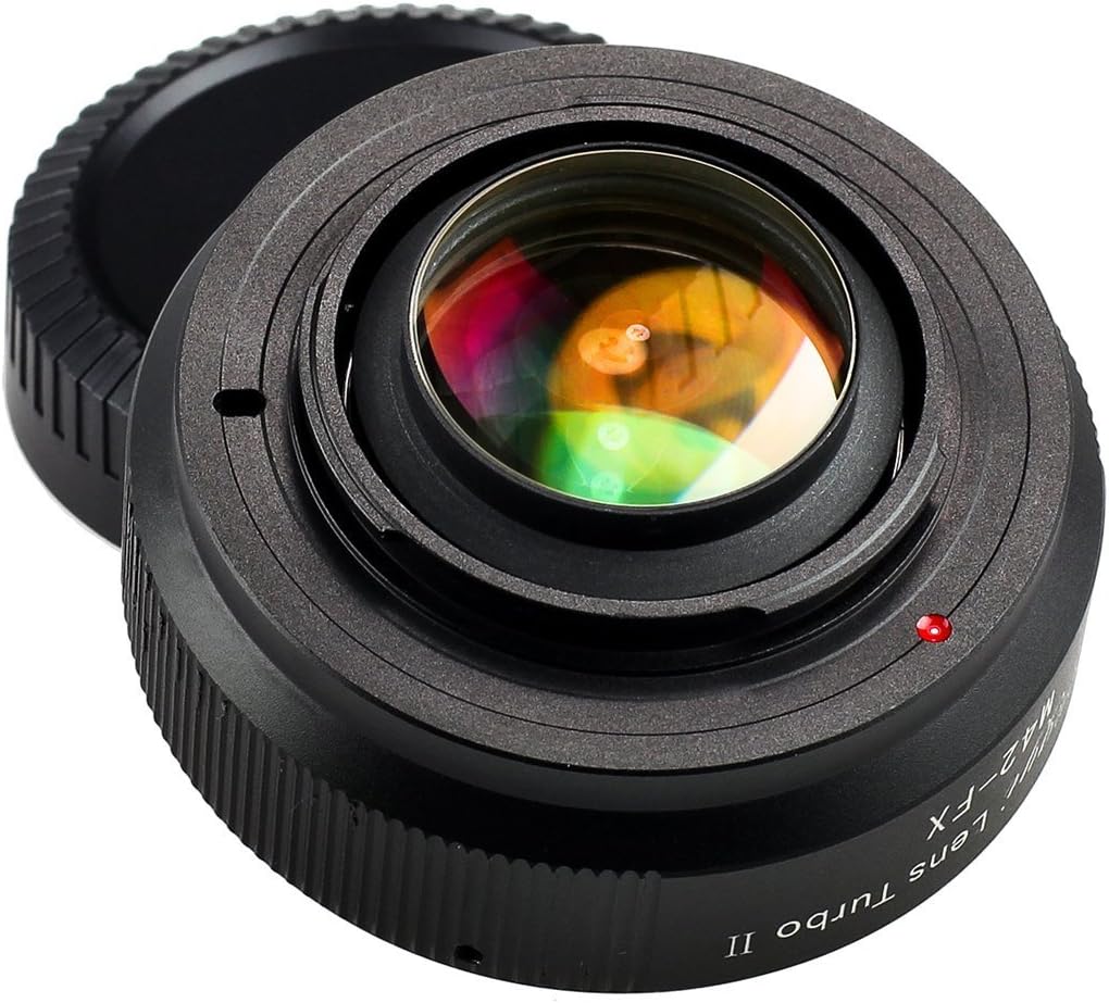 Zhongyi M42-FX Lens Turbo Adapter II Mark 2 with rear cap removed, showing the internal optical elements.