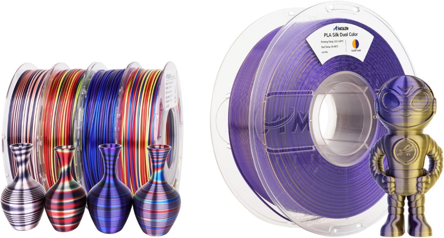 AMOLEN Silk PLA 3D Printer Filament Bundle, Shiny Multicolor PLA Filament 1.75mm Pack