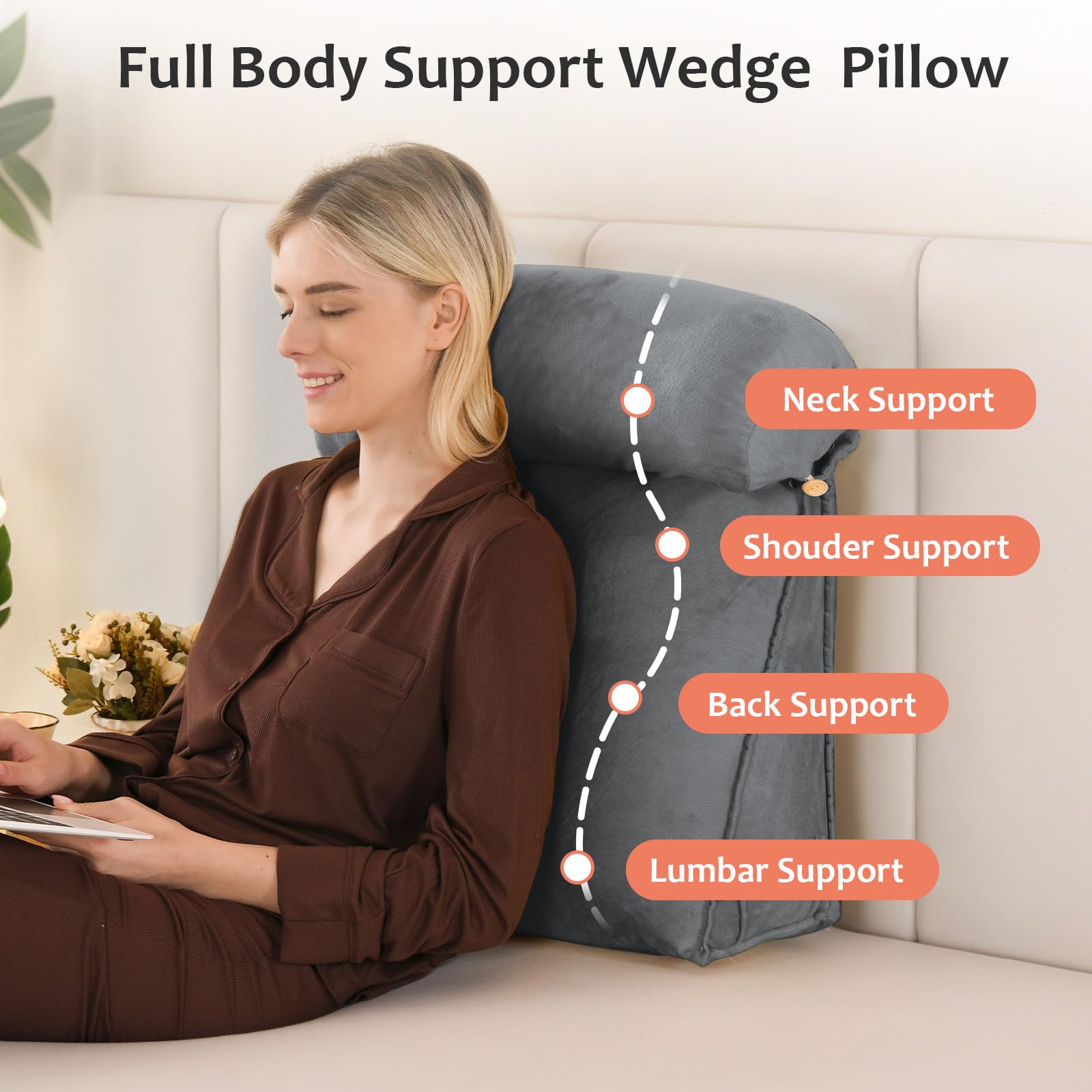 Cojín de apoyo para sofá, almohada de lectura ajustable 3 en 1 para sentarse en la cama para adultos, almohadas triangulares con rollo de cuello desmontable y funda lavable extraíble