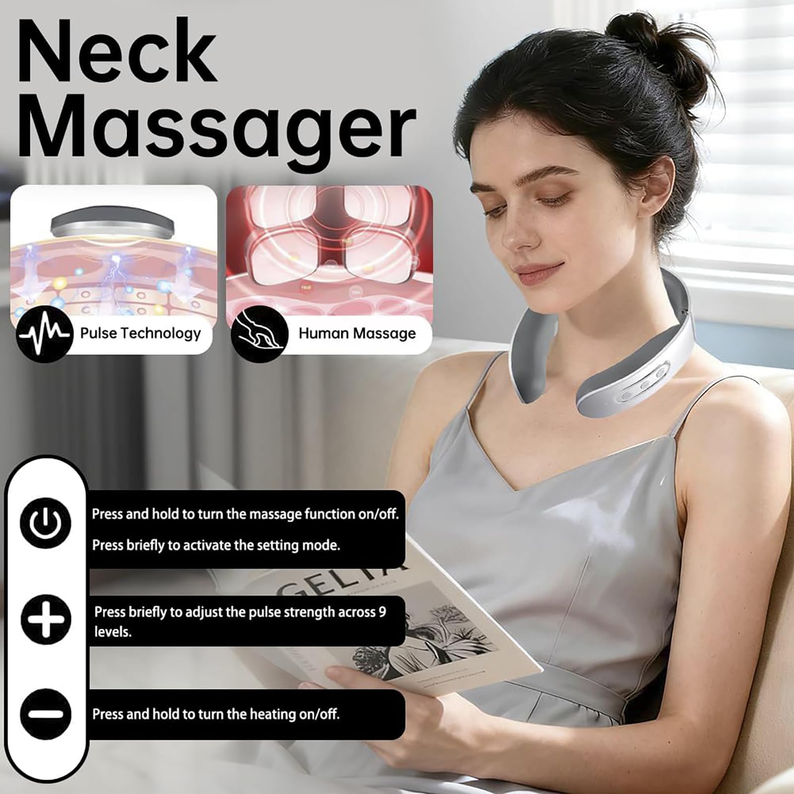 Massaggiatore Cervical, 6 Modalita 9 Livelli Massaggiatore Collo Schiena, Calore Benefico & Impulsi Profondi, per Alleviare il Dolore al Collo