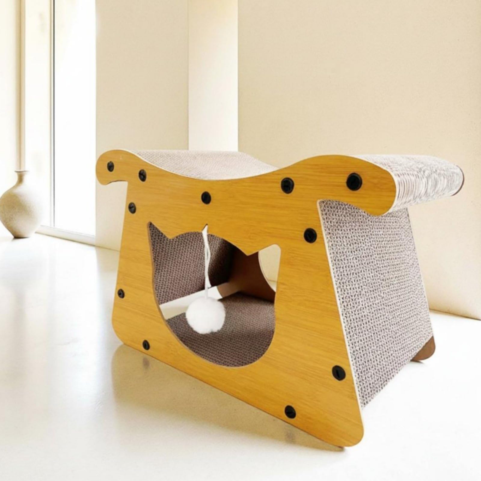 Lit Griffoir pour Chat Maison Grattoir Couchage Aire de Détente Surface Texturée en Carton Ondulé Structure pour Usage Fréquent Jouet Suspendu pour, 24 Cm
