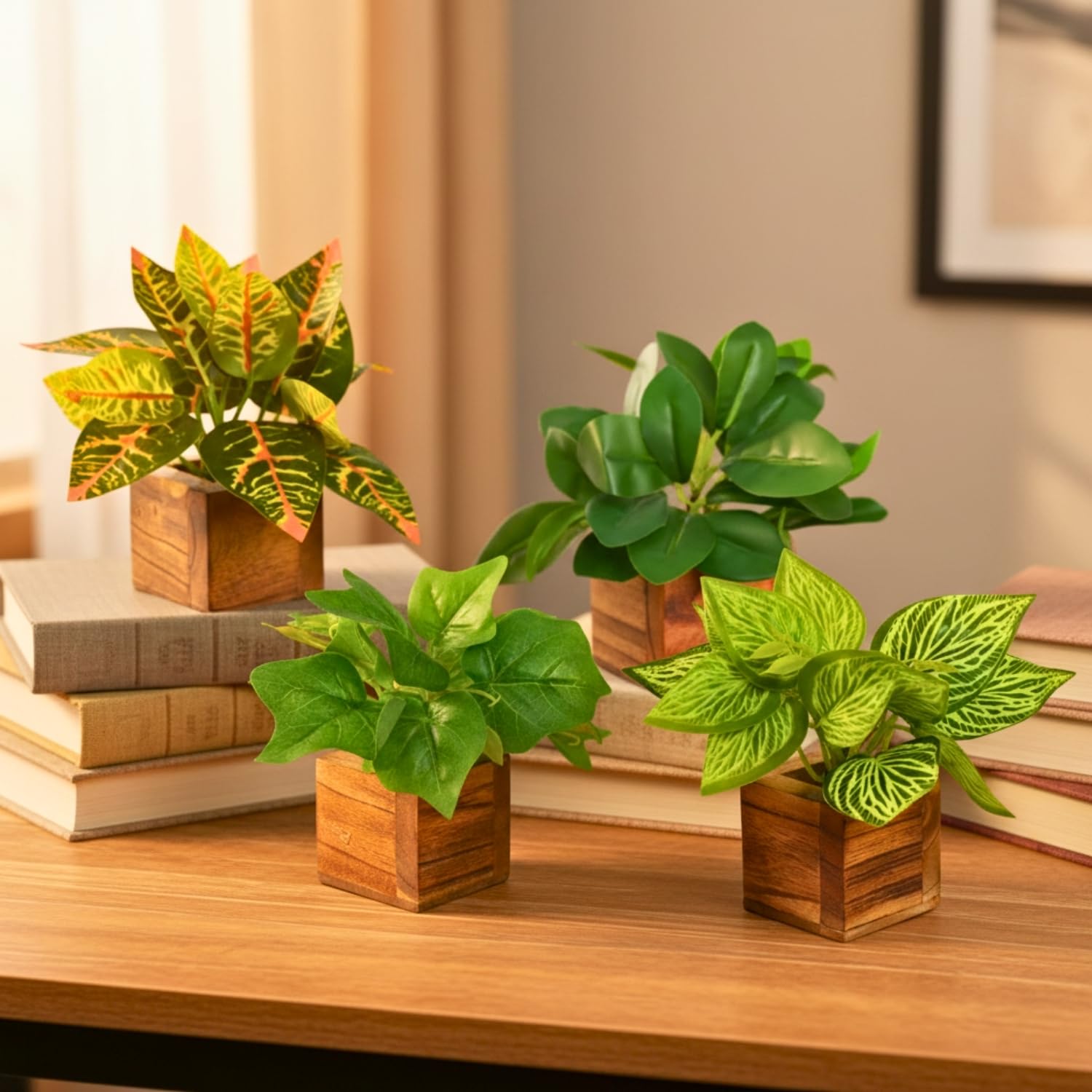 DecoreBugs Artificial Leaves Potted Plants in Wooden Pot (4 Pack) Money Plant | Small Plants for Home Decor | Office Decor