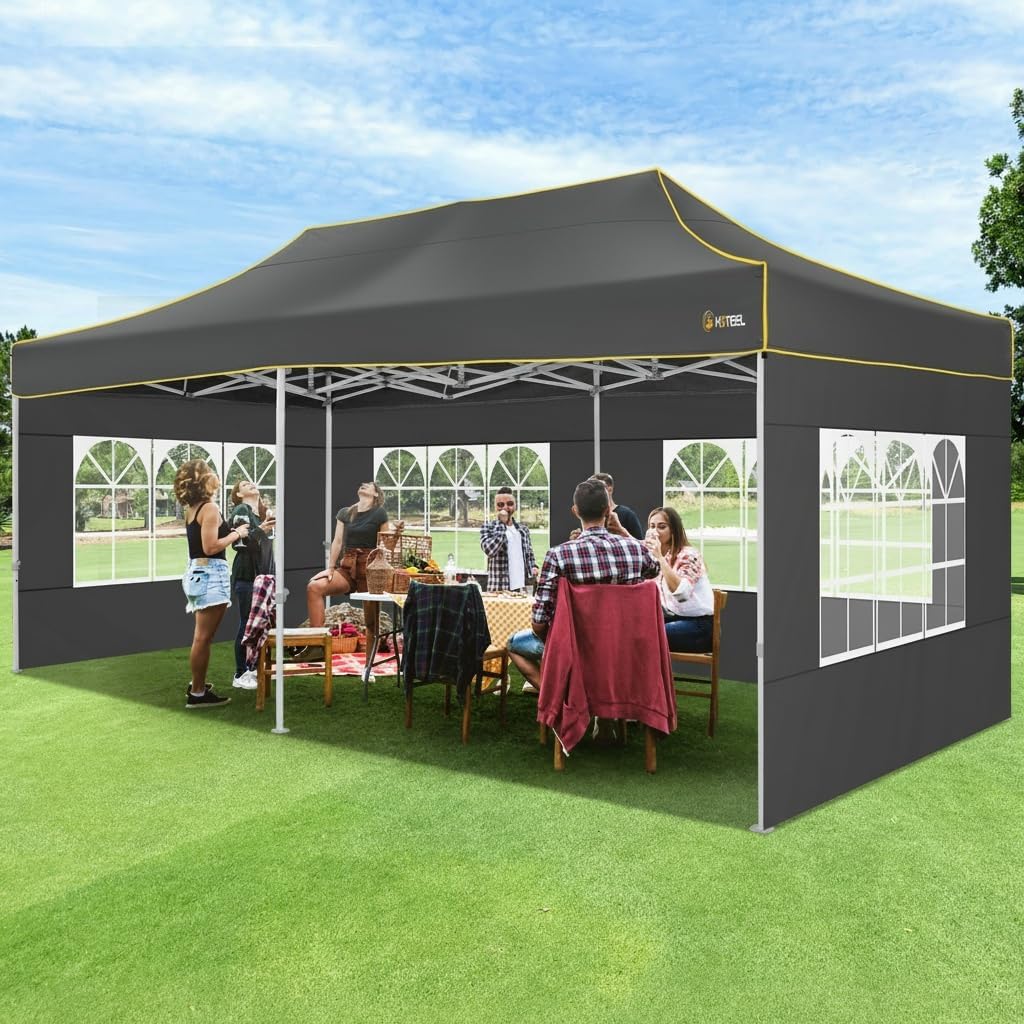 (Similar To) (Heavily Used) HOTEEL 10x20 Heavy Duty Pop up Canopy Tent with 6 Sidewalls, Easy Setup Outdoor Commercial Instant Gazebo for Parties Wedding Event, with Roller Bag & Sand Bags, Gray(Hexagonal Frame) Dark Gray 10x20FT (+6 Walls)