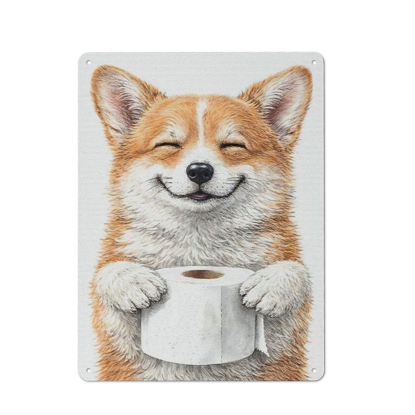 Junmoney Style-2 Workshop Style Happy Corgi Holding Toilet Paper Tin Sign 40X30cm, Garage Wall Decor For Tool Room, Garage, Studio Or Home Bar