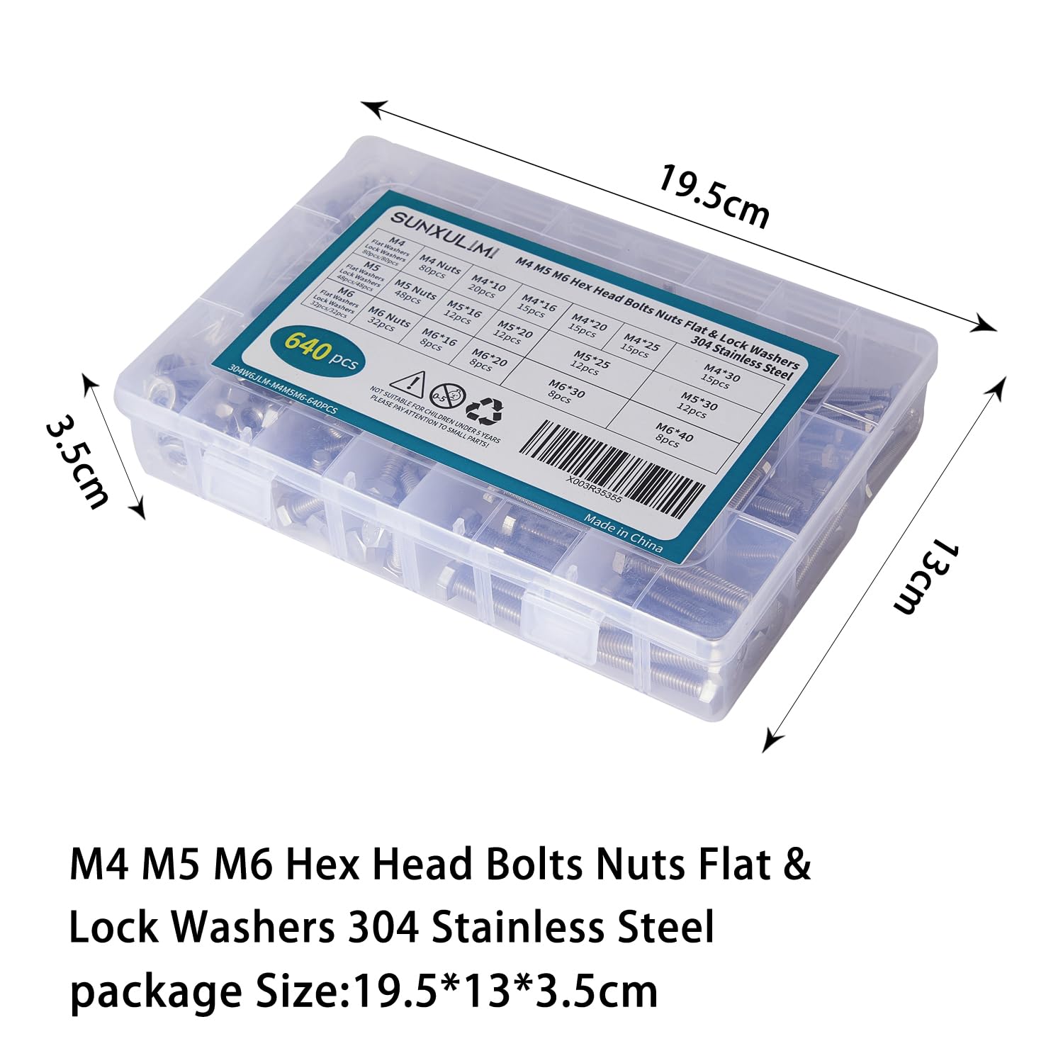 SUNXULIMI M4 M5 M6 Screws Hex Head Bolts Screws, Nuts, Flat & Lock Washers Assortment Kit, Stainless Steel 304, Machine Fully Thread, Bright Finish, Includes 13 Most Common Sizes 640PCS