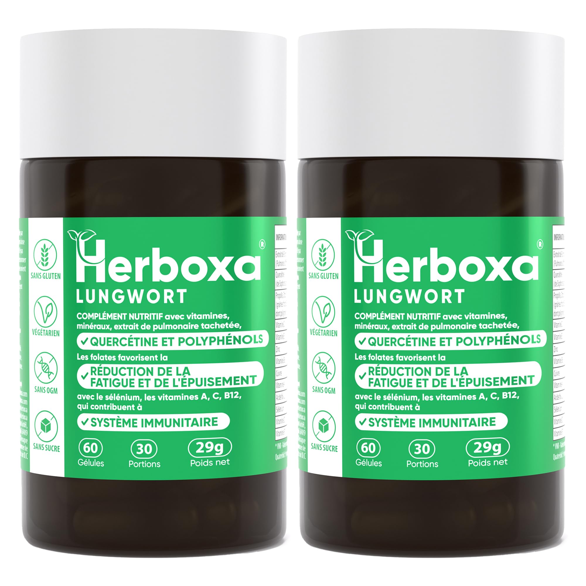 Herboxa multiples capsules pack avec Extrait Pulmonaire Tachetée en poudre (2 pièces) - Content de l'arcade Folique, de la Vitamine C, de la Quercétine et du ProG-Phen - 120 Gélules