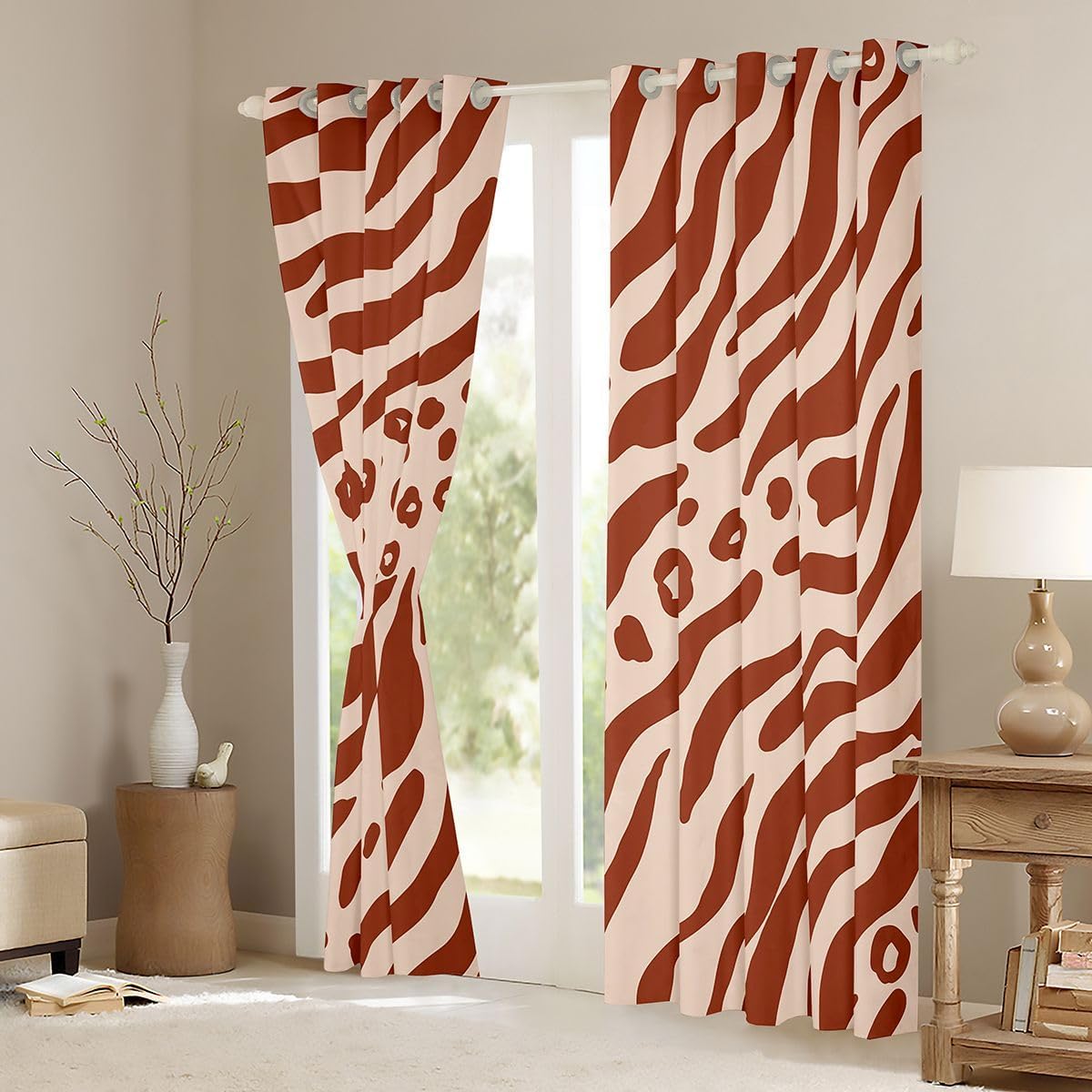 Trendy Leopard Print Window Curtains Zebra Stripe Geometric Window Drapes,Retro Red Blackout Window Treatments,Abstract Boys Girls Room Decor, Grommet Top 2 Panel Set Bedroom Curtains, 52Wx63L inch