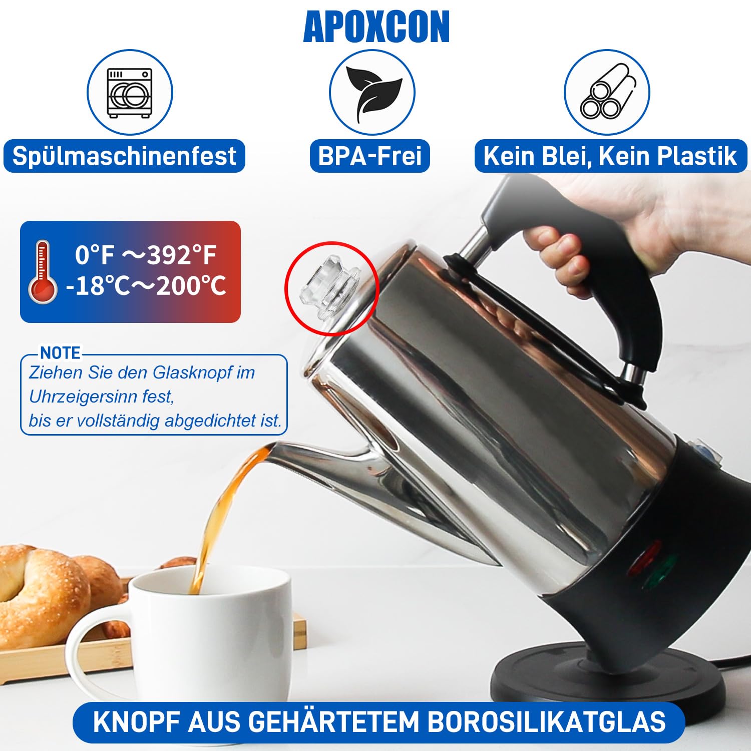 APOXCON Percolateur électrique 12 tasses – Certifié CE, classique avec système d'infusion rapide, bouton en verre résistant à la chaleur et fonction de service sans fil