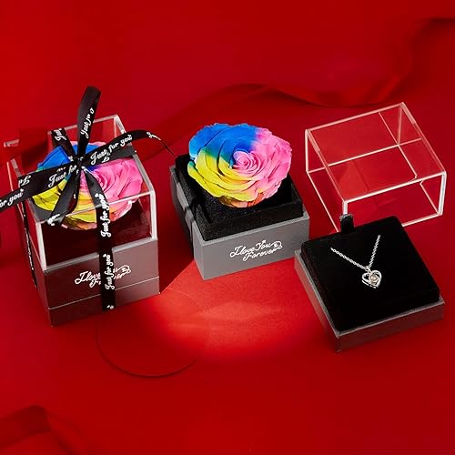 Miniatura 3 de Rosa arcoíris real preservada con collar con texto en inglés "I Love You", regalos de rosas eternas para mamá, esposa, novia, regalos románticos