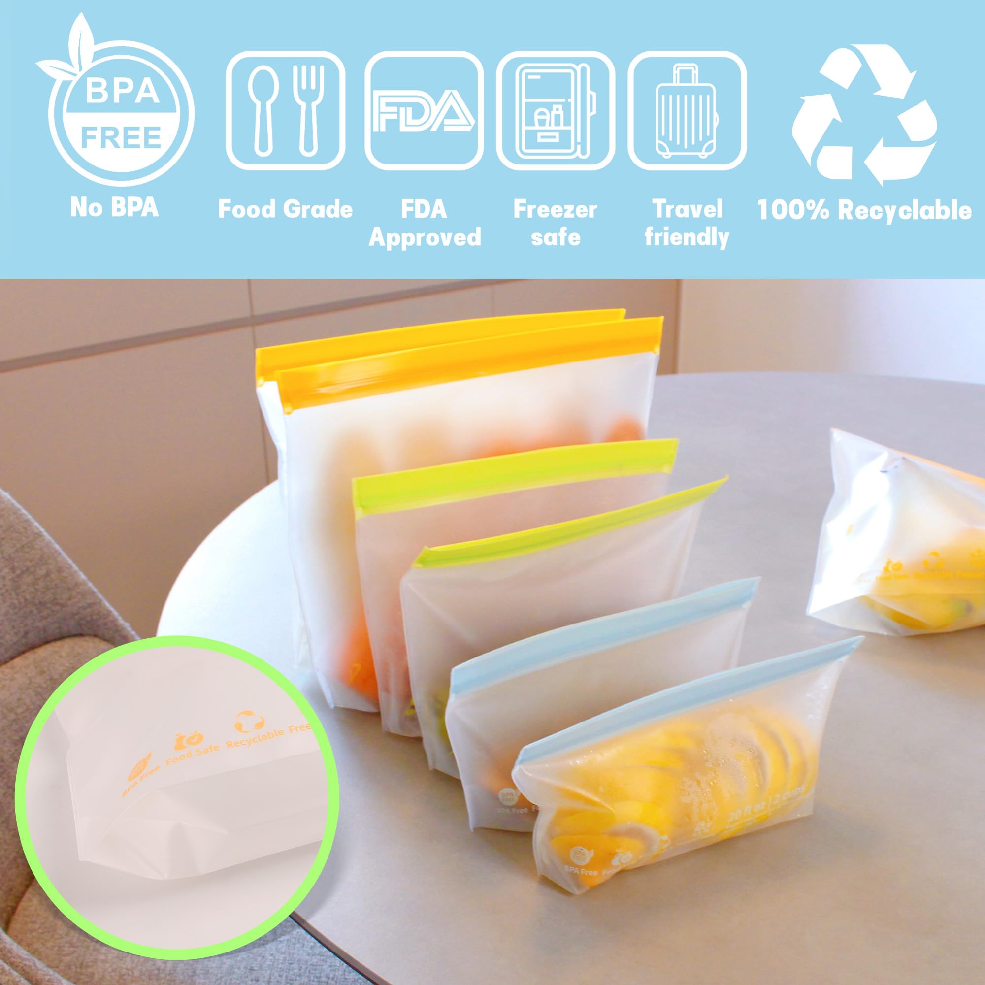 Confezione da 24 sacchetti riutilizzabili per alimenti, a prova di perdite, per congelatore, senza BPA, per pranzo, insalata, frutta, viaggi, lavabili in lavastoviglie (8 litri, 8 panini, 8 snack)