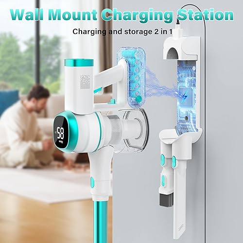 Miniatura 4 de Tikom V500 - Aspiradora inalámbrica para el hogar, 40000 Pa450 W con pantalla táctil LED, base de pared de carga, antienredos, aspiradora de mano