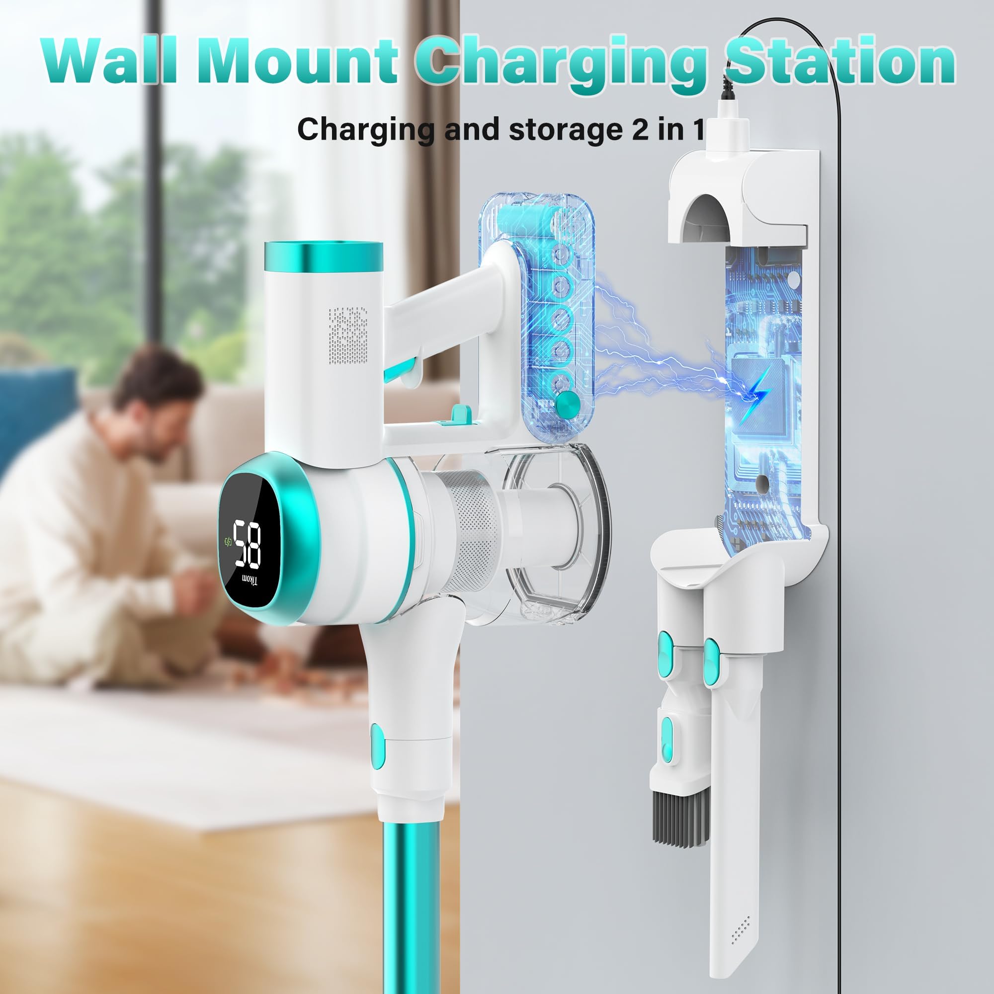 Tikom V500 Cordless Vacuum Cleaner for Home, 40000Pa/450W Stick Vacuum with LED Touch Screen, Charging Wall Dock, Anti-Tangle view 4