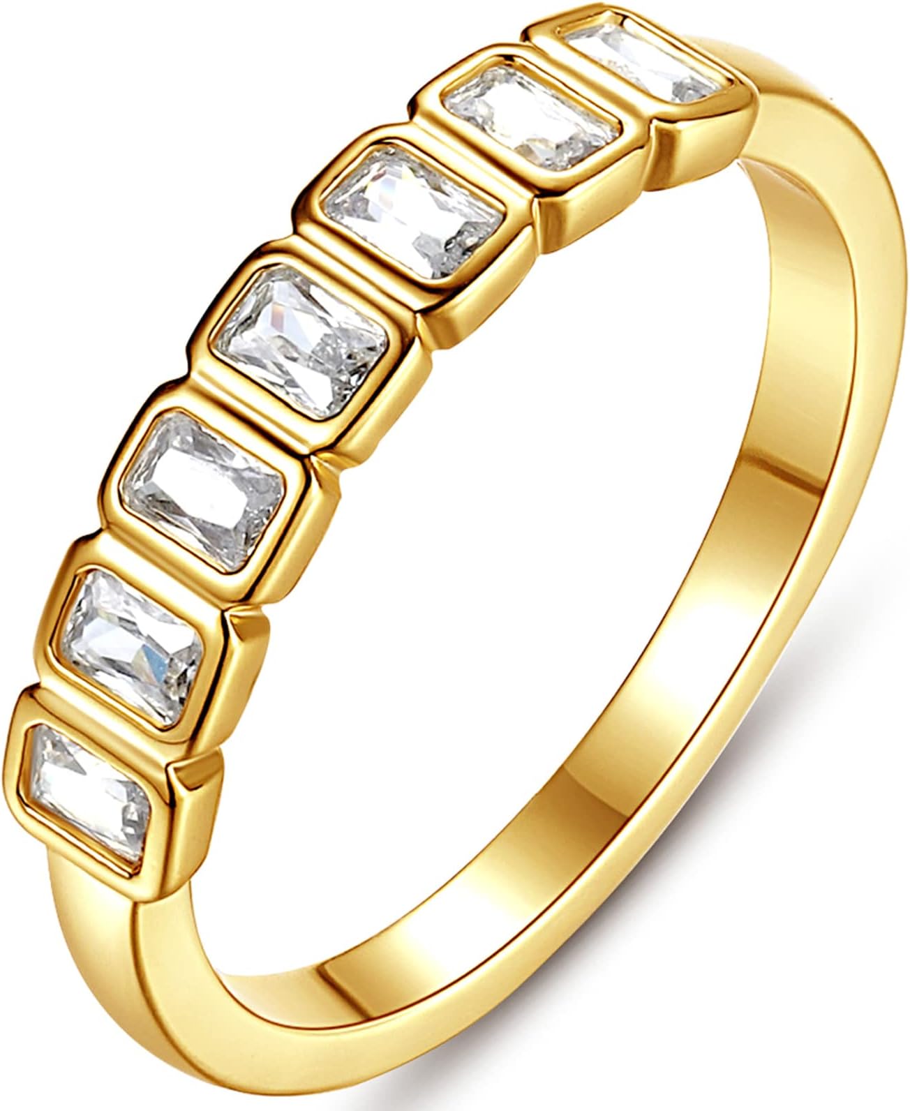Emerald Cut Bezel Set CZ Halfway Eternity Band | 7 Stone Wedding Anniversary Band Bridal Set