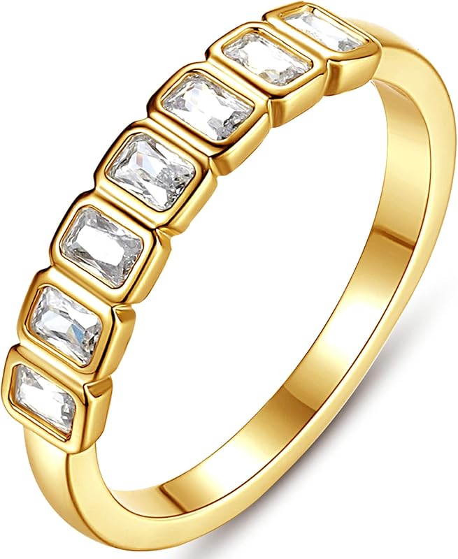 Emerald Cut Bezel Set CZ Halfway Eternity Band | 7 Stone Wedding Anniversary Band Bridal Set