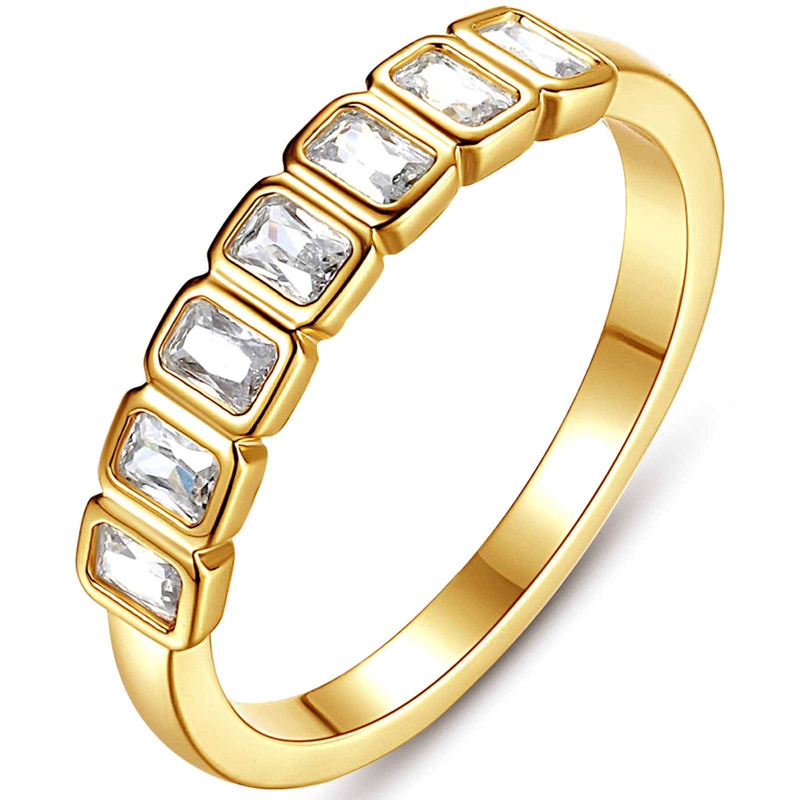 espere Emerald Cut Bezel Set CZ Halfway Eternity Band | 7 Stone Wedding Anniversary Band Bridal Set