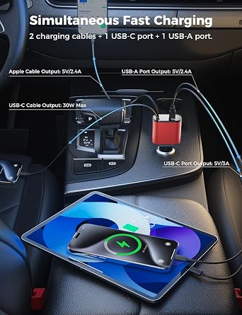 SUPERONE Upgraded Retractable Car Charger 4 in 1, Fast Car Phone Charger with Cord 2.6ft, USB C and Apple Car Charger Adapter, Compatible with iPhone 17/16/15/15 Pro Max/14/13/12/11, Galaxy, Pixel