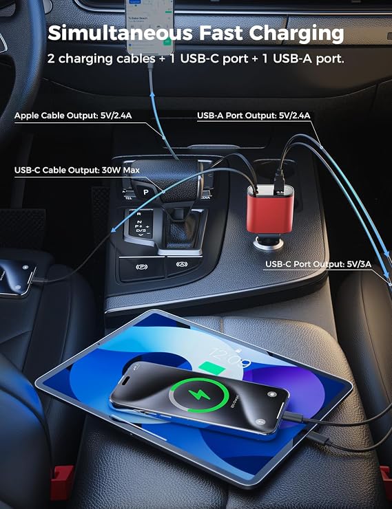 SUPERONE Upgraded Retractable Car Charger 4 in 1, Fast Car Phone Charger with Cord 2.6ft, USB C and Apple Car Charger Adapter, Compatible with iPhone 17/16/15/15 Pro Max/14/13/12/11, Galaxy, Pixel
