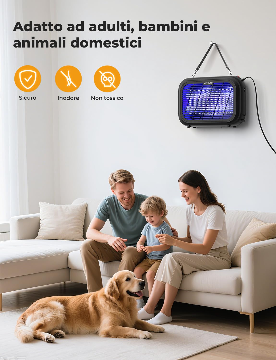 YISSVIC Lampada Antizanzare 20W UV Zanzariera Elettrica con Griglia Elettrica a Doppia Faccia,Cassetto Estraibile, Manico in Pelle PU, Sicuro per Uomini e Animali, Uso Interno, Cavo 1.8m