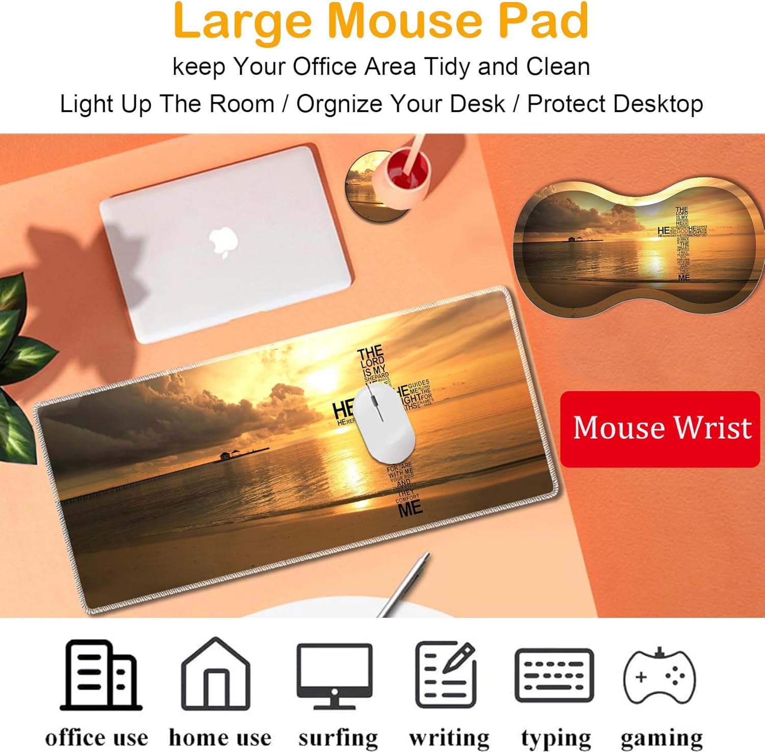 Large XXL Gaming Table Mat 31.5 "x 11.8", Ergonomic Mouse Wrist Pad and Coaster Set, Non-Slip Base, Memory Foam, Office and Home Pain Relief - Evening Calm