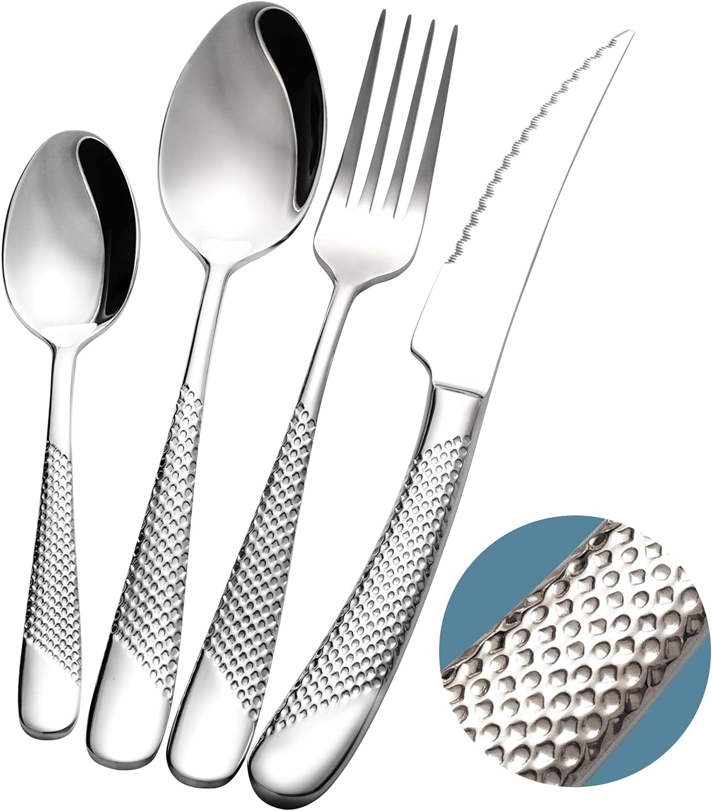 – 24-Piece ​Modern Hammered Silver Cutlery Set with Ultra Sharp 2-in-1 Serrated Knive, 18/10 Stainless Steel Silverware Set, Flatware Set for 6 People, Knives Forks Spoons Set