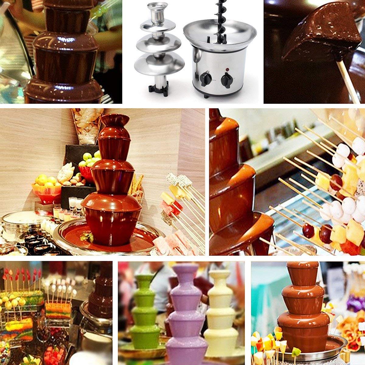 GOTOTOP Fontana di Fonduta di Cioccolato 4 Tiers 170W Electric Chocolate Melting Machine Acciaio Inox Fondue Maker Fontana EU Plug 220V 37 x 22 x 43cm