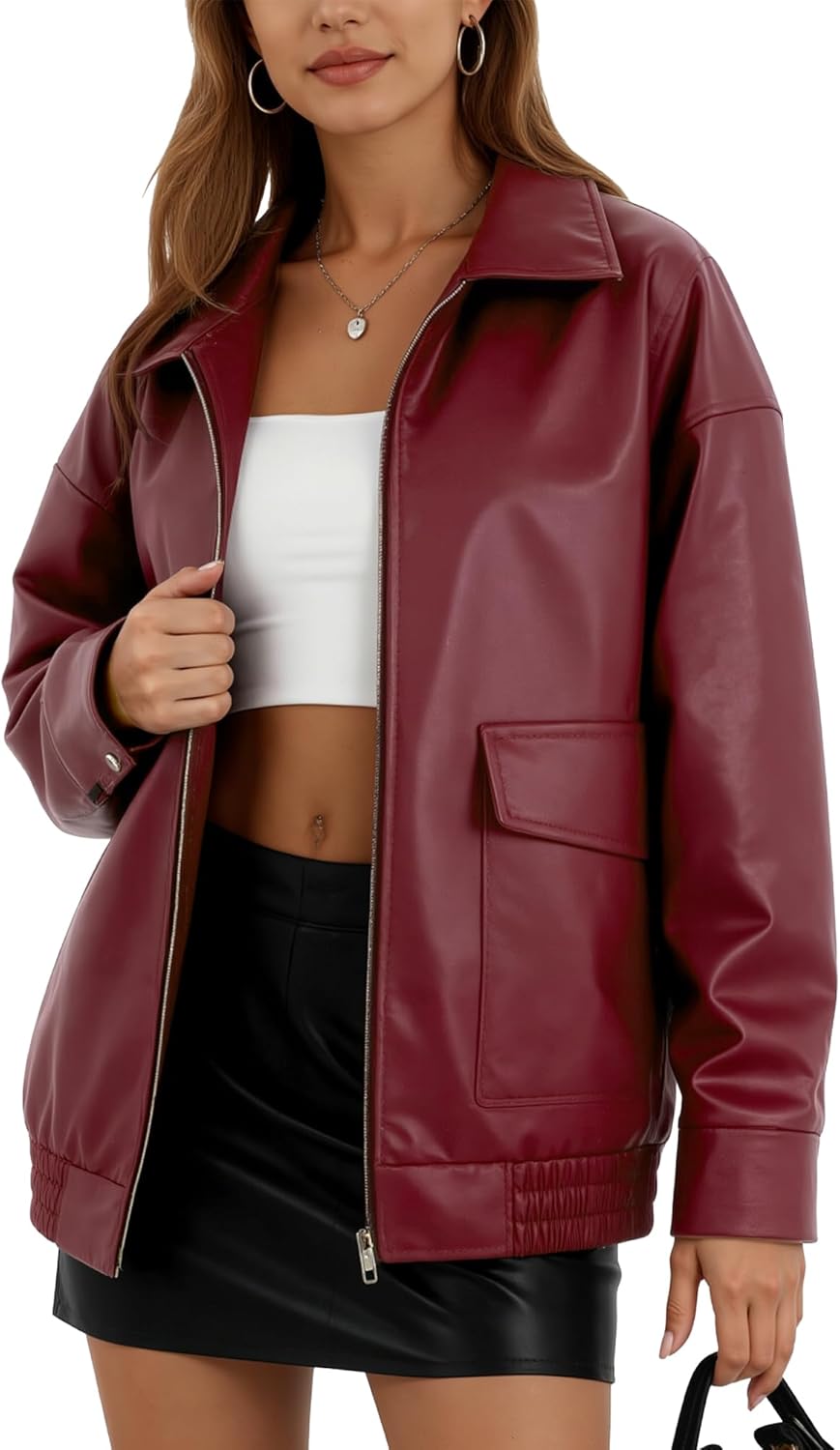 Oversize Leather Jacket Women Faux Motorcycle Coats Bomber with Double Pockets,2025 Fall,Winter Fashion Outwear