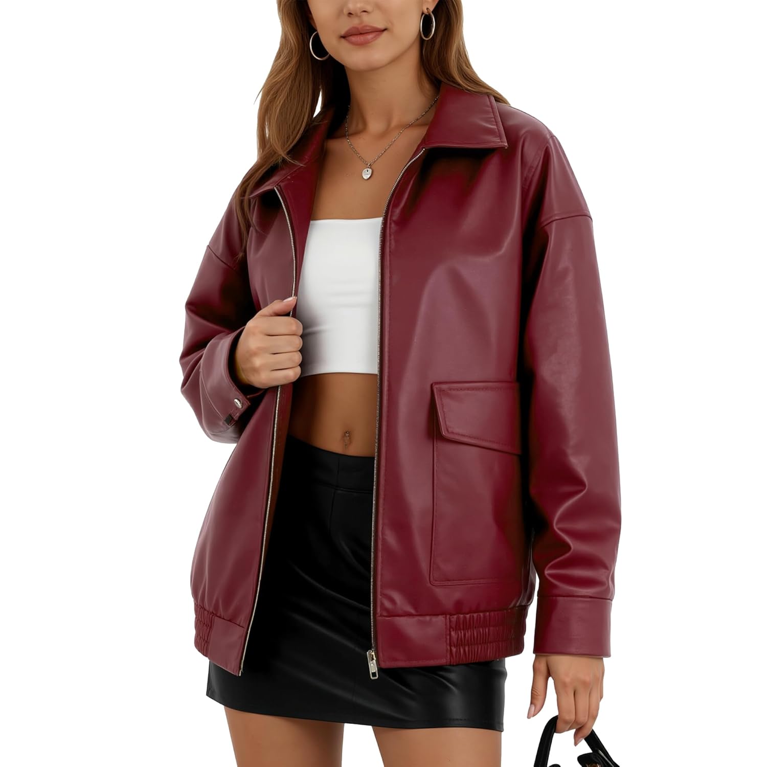 Oversize Leather Jacket Women Faux Motorcycle Coats Bomber with Double Pockets 2025 Fall Winter Fashion Outwear