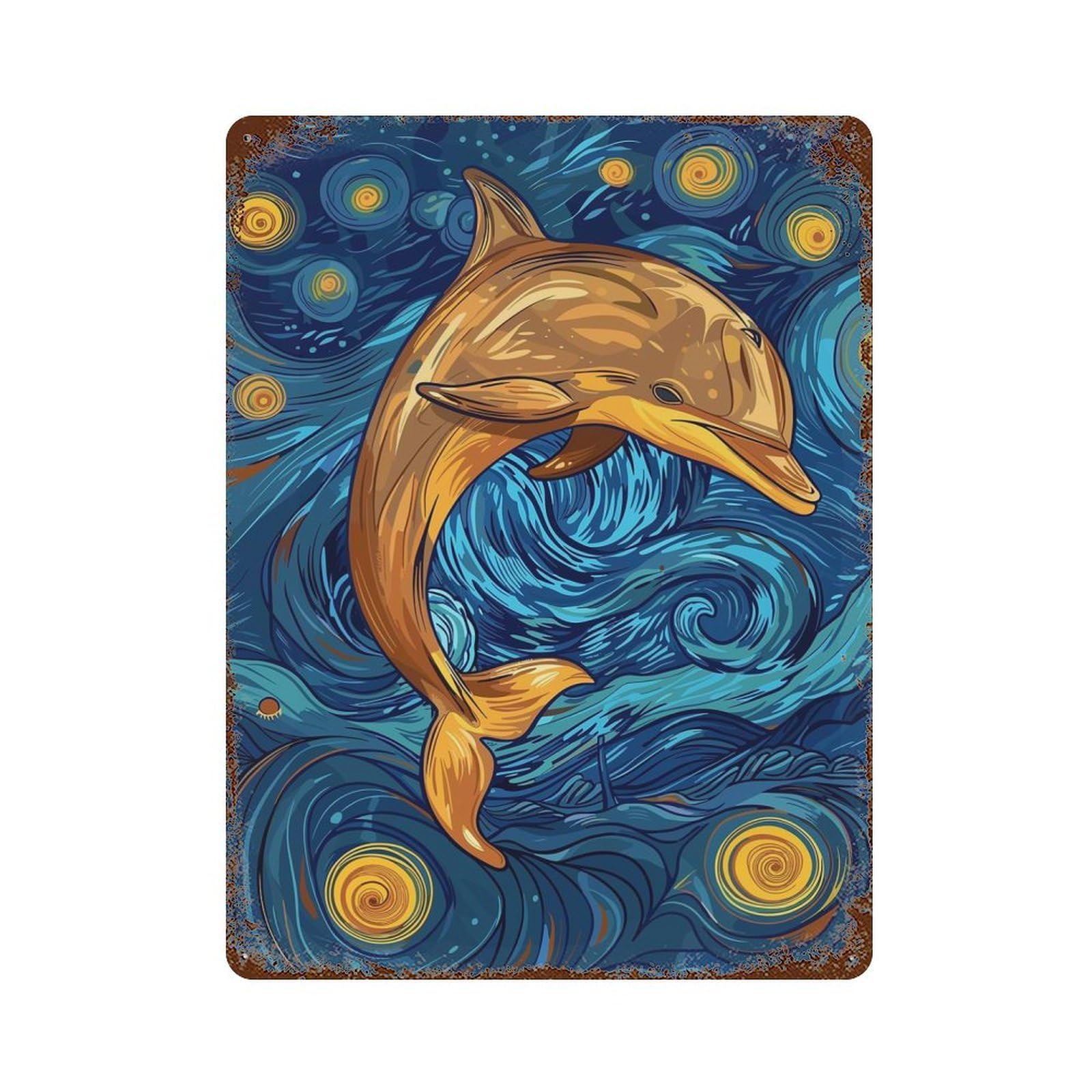 Vintage Metal Tin Sign Dolphin in Starry Night Style 15.7"x11.8", Industrial Home Decor for Farmhouse, Kitchen And Entryway Decor