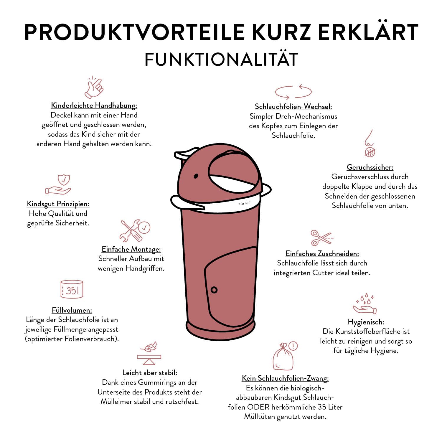 Kindsgut Papelera para pañales Ballena Rosa Vieja Incl. lámina Tubular, a Prueba de olores Gracias a la Doble Tapa antiolores, fácil de Limpiar, Materiales respetuosos con el Medio Ambiente