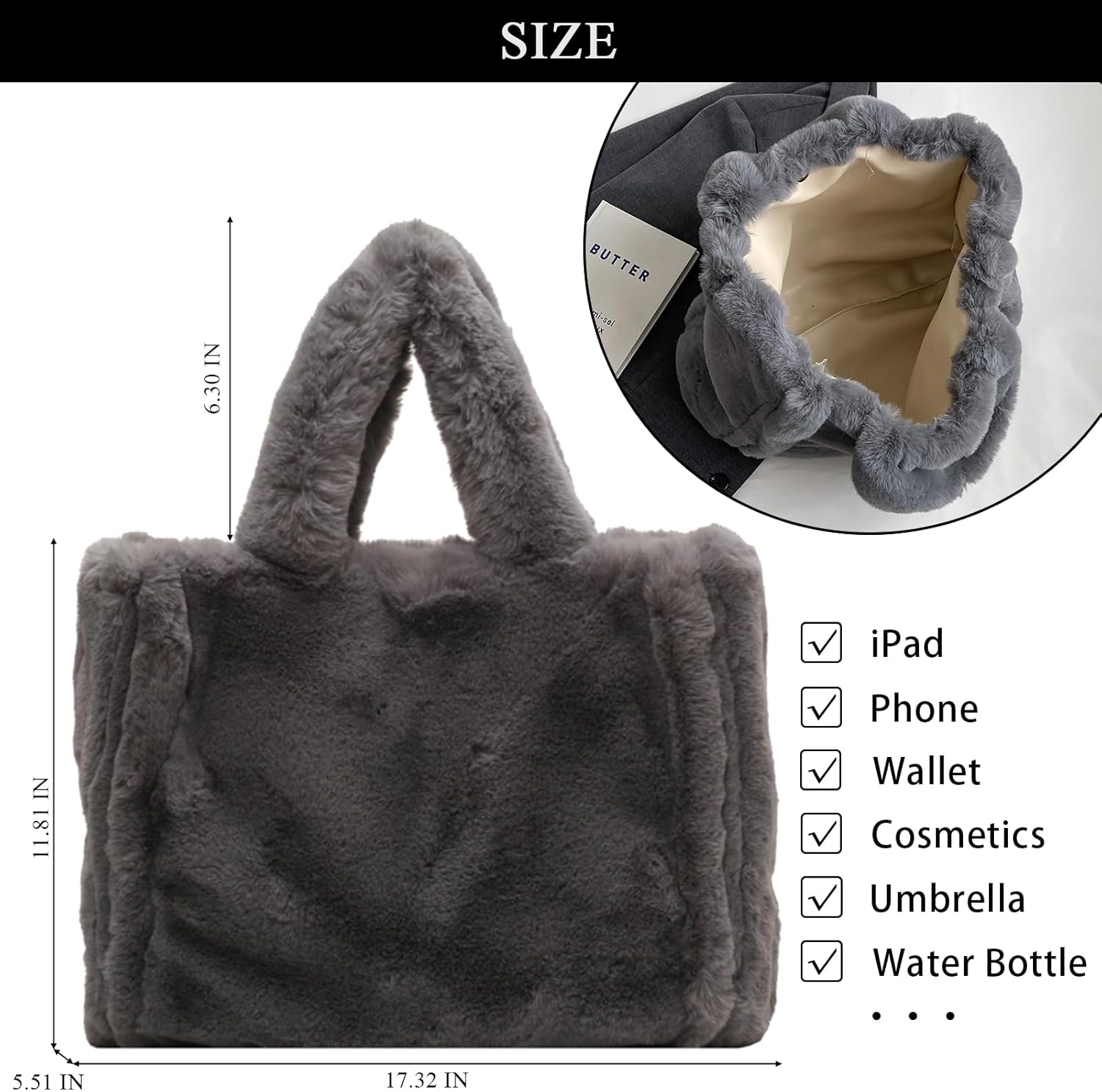 Fluffy Tote Bag Large Fur Purses for Women Winter Fuzzy Totes Furry Shoulder Handbag Plush Bags | Fluffy, Large, Fur, Winter, Fuzzy, Totes