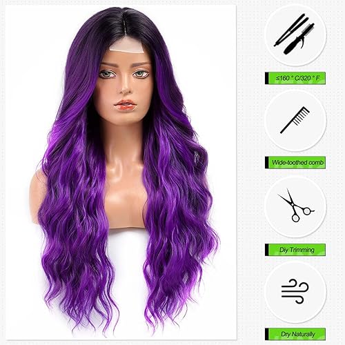 Miniatura 5 de starluck Peluca larga ondulada de color morado degradado para mujer, 26 pulgadas, parte media, peluca rizada de aspecto natural, peluca de fibra