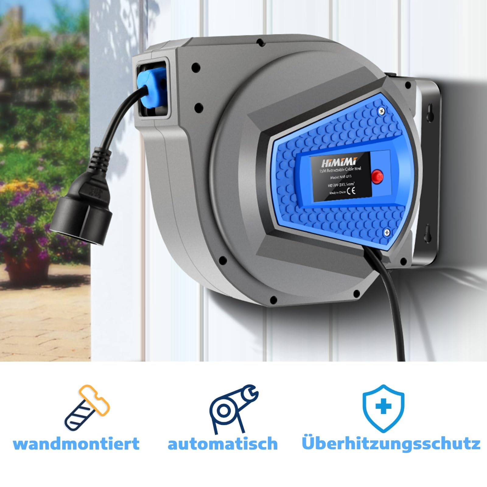 Himimi Avvolgicavo automatico 15 m + 1 m | 180° montaggio a parete | Automatic Cable Reel 1500 W ~ 3000 W | Adatto per esterni, garage, campeggio, protezione da sovraccarico