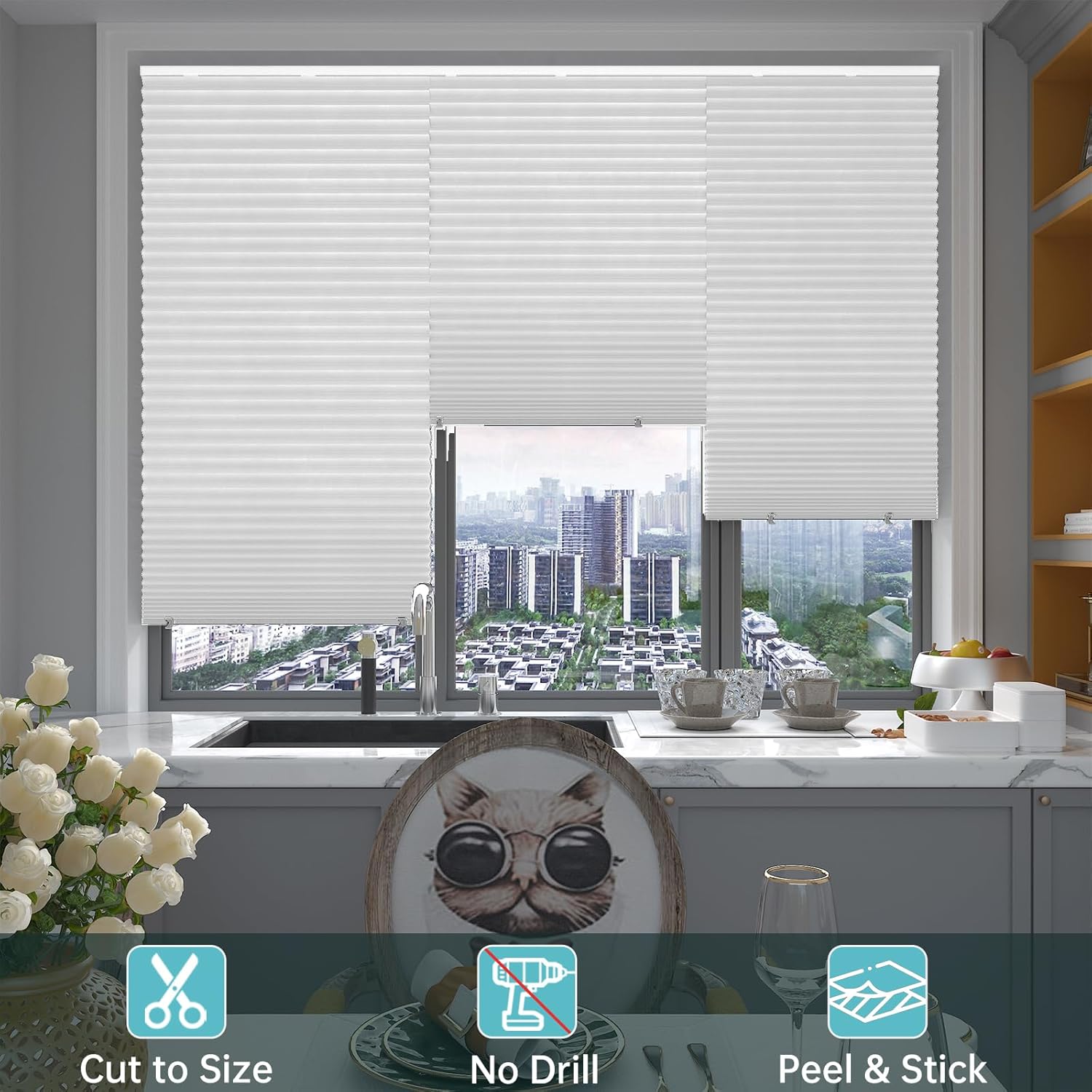 Changshade 6 Pack Temporary Shades, Pleated Paper Blinds for Indoor Windows Cut to Size Adhesive Paper Shades No Tools No Drilling for Office, Bedroom, Living Room,24" W x 72" H,White