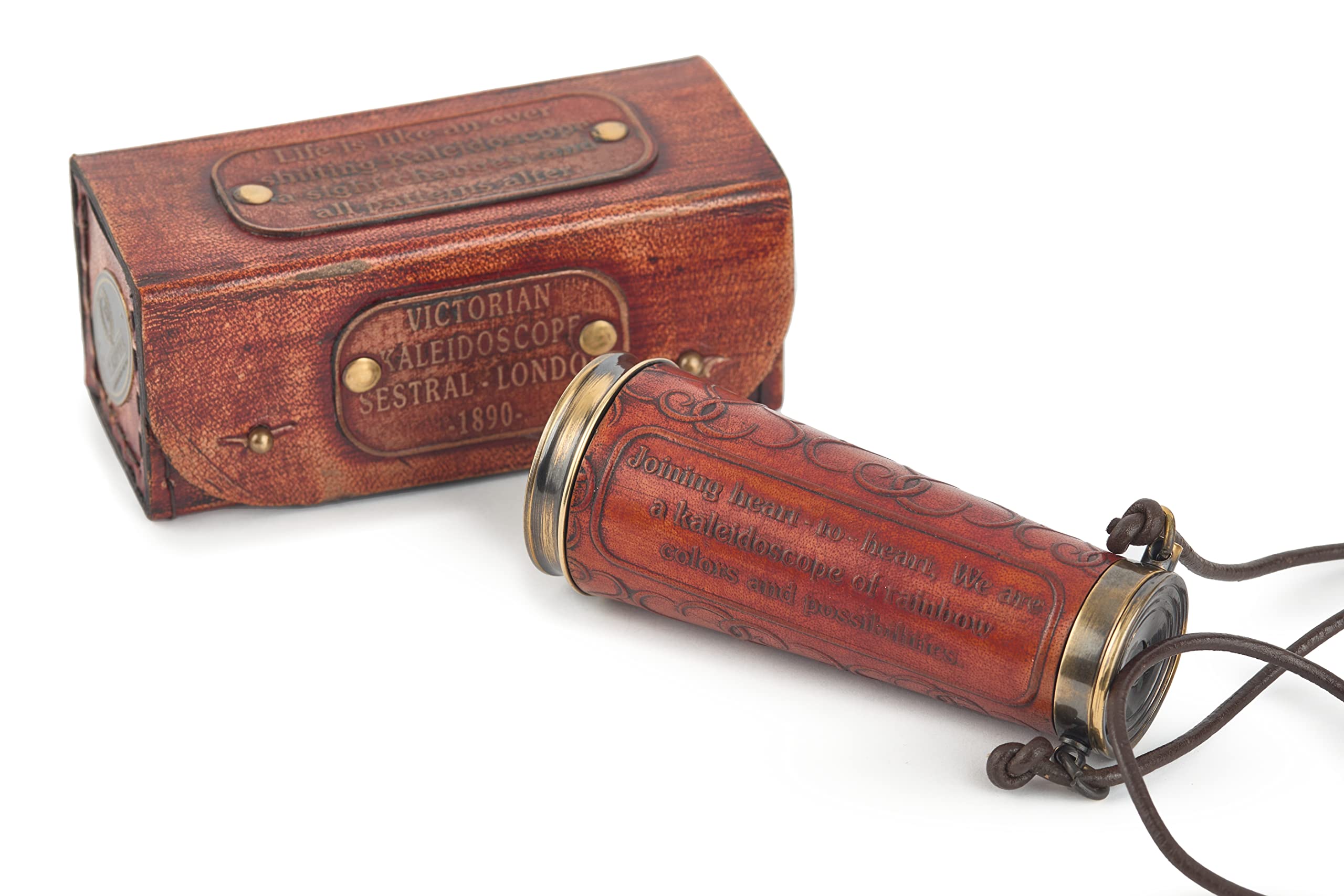 V.Empire Handmade Brass Kaleidoscope Gift | Vintage Collection Replica, Birthday, Every Occasion Gift For Adults and Kids (Brown, With Leather Strap)