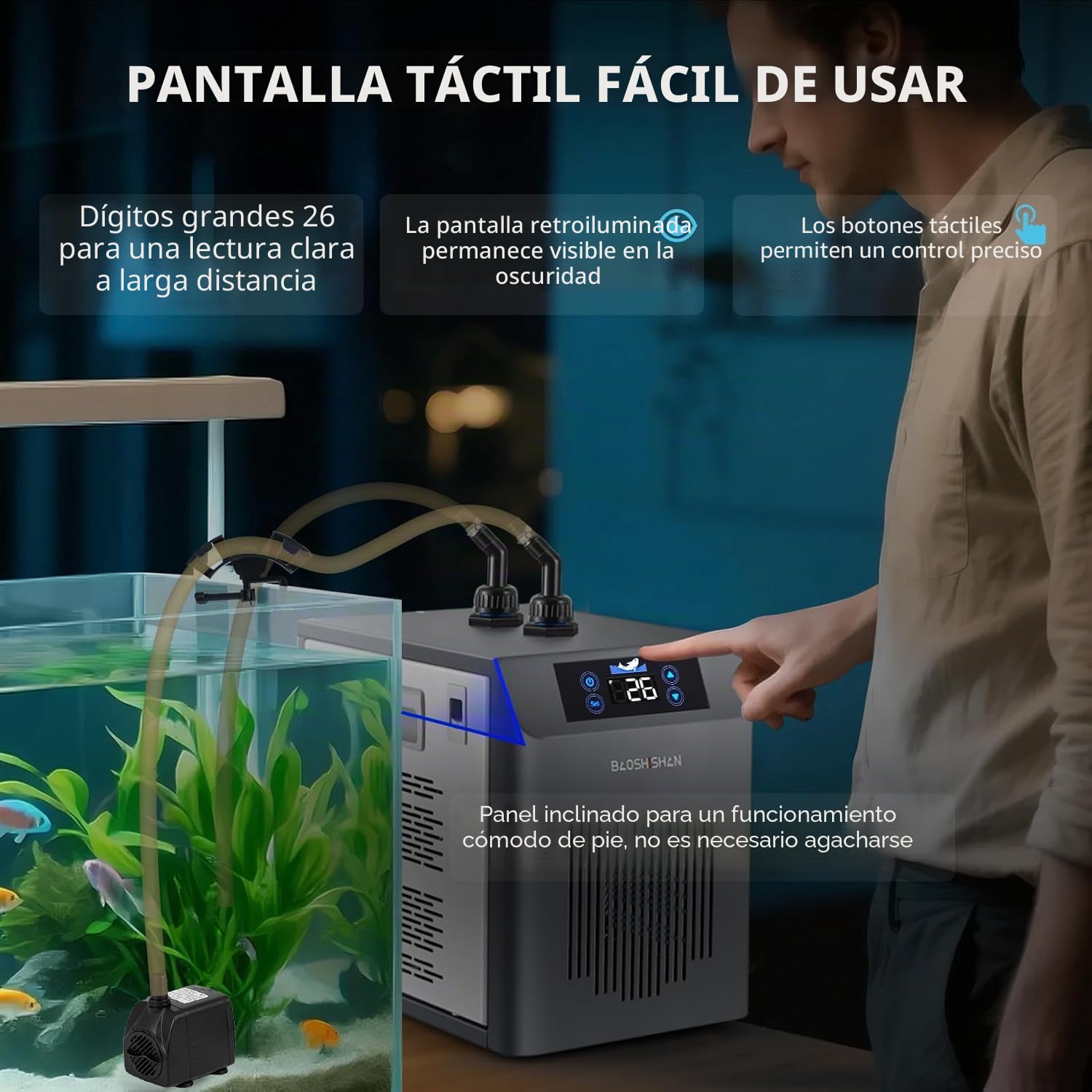 BAOSHISHAN Enfriador de agua para acuarios 20-26°C Enfriador de acuarios con pantalla táctil para pecera de 160 litros