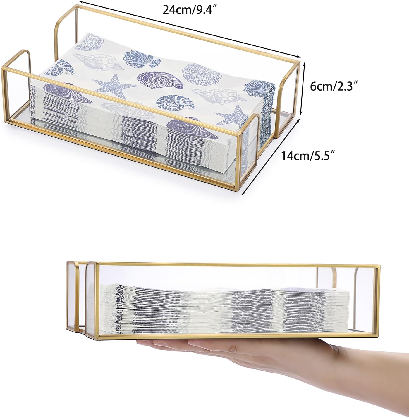Sumnacon Napkin Holder,Glass Napkin Holder Table,Stylish Guest Towel Holder for Hand Towel Napkin,Rectangle Napkin Basket for Bathroom Toilet Kitchen Dining Table Counter,Gold - Image 3
