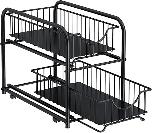 Pull-out Cabinet Organizer, Stackable 2-tier Under Sink Rack, with Sliding Storage Drawer for Pantry, and Desktop, for Bathroom, Kitchen, Office, Black