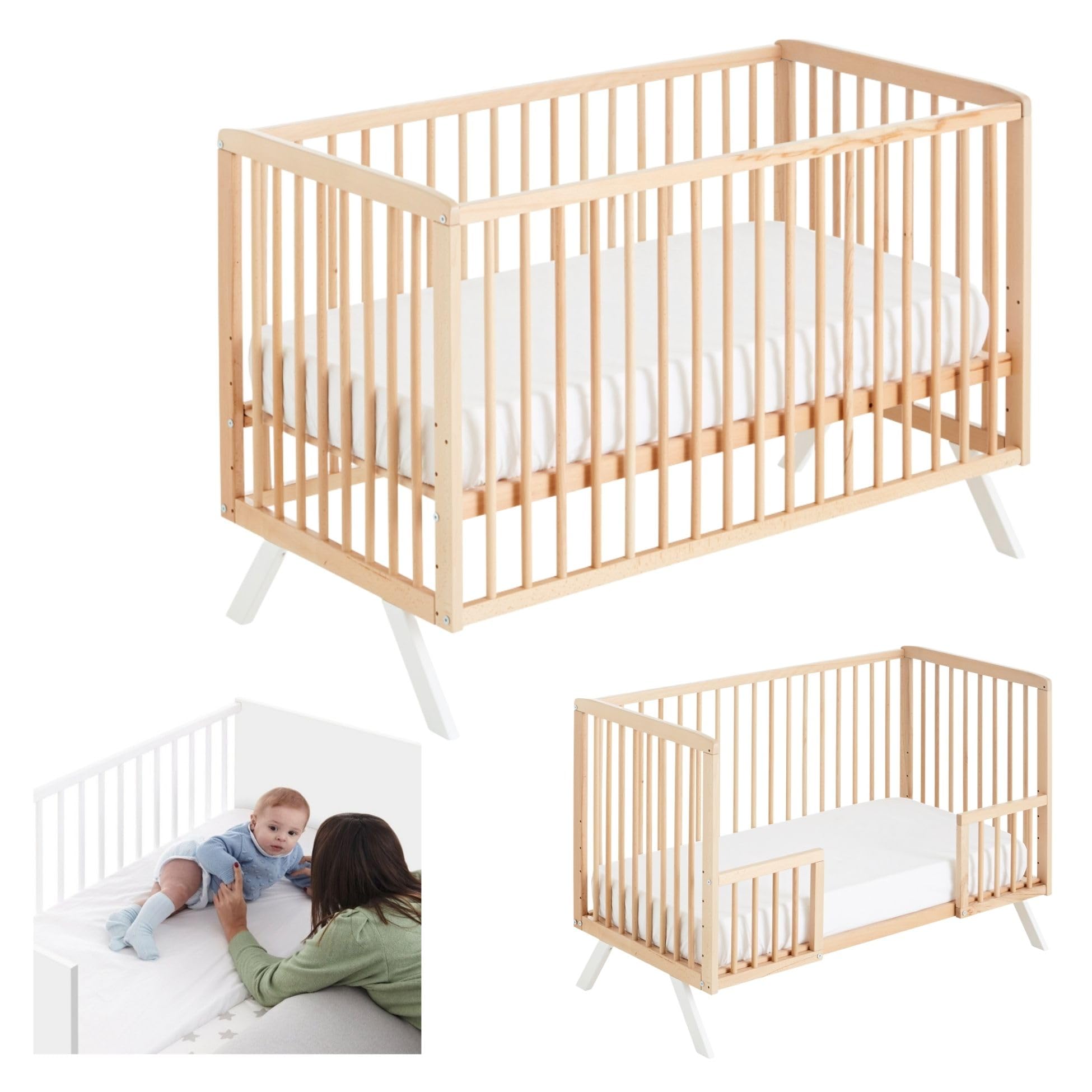 Cuna Colecho de Bebé Koala Estilo Nórdico Natural 120x60 cm, de Madera de Haya, Convertible en Cama con Kit Barandillas Incluidas CoolDreams
