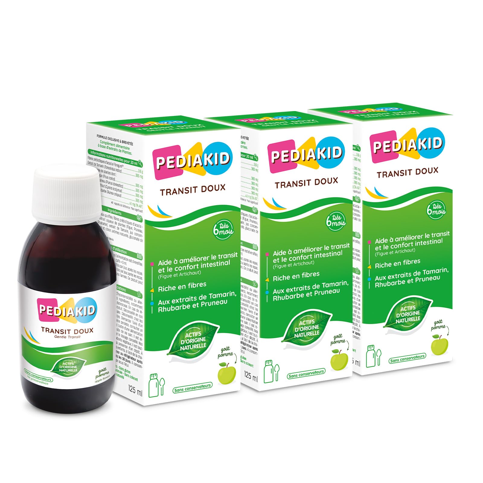 PEDIAKID - Sirop Transit Doux - Formule exclusive au sirop d'Agave & Prébiotiques - Contribue à réguler le fonctionnement digestif - Arôme de Pomme - 3 Flacons de 125 ml