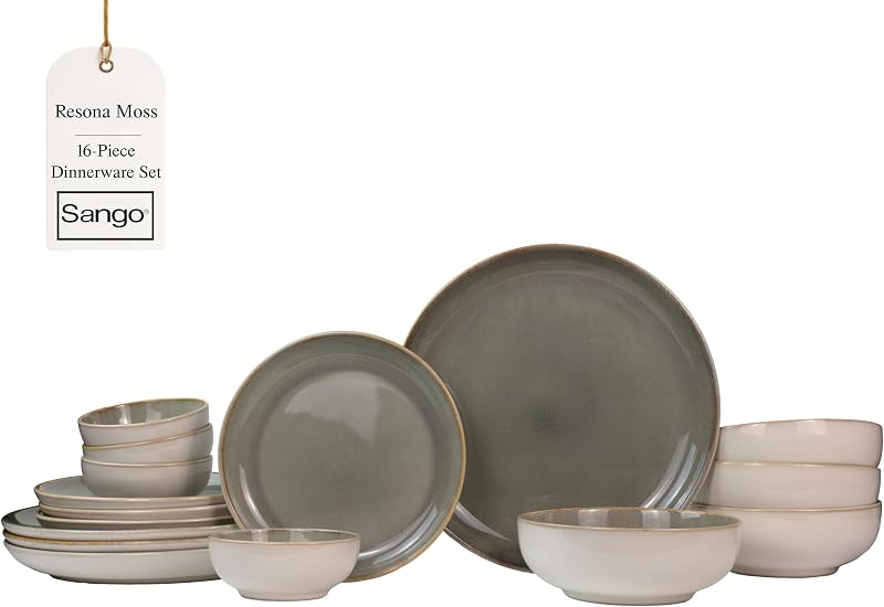 Sango 16-Piece Stoneware Dinnerware Set for 4, Glossy Cream/Green Big Dinner Plates and Bowls Sets with Reactive Glaze, Ceramic Dish Set, Modern Dishes, Microwave & Dishwasher Safe, Resona Moss