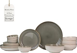 Sango 16-Piece Stoneware Dinnerware Set for 4, Glossy Cream/Green Plates and Bowls Sets with Reactive Glaze, Ceramic Dish Set, Modern Dishes for Everyday Use, Microwave & Dishwasher Safe, Resona Moss