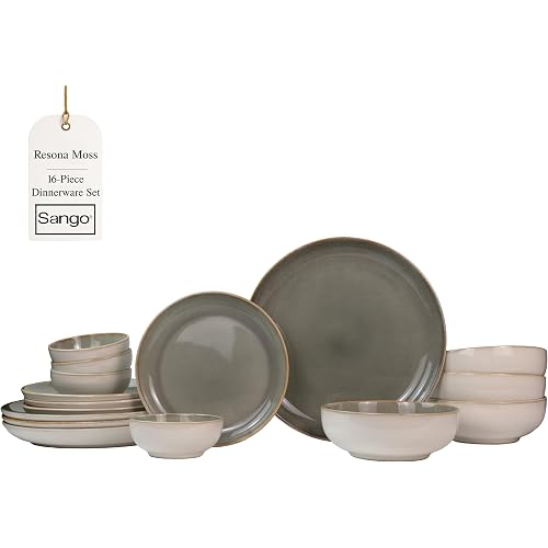 Sango 16-Piece Stoneware Dinnerware Set for 4, Glossy Cream/Green Big Dinner Plates and Bowls Sets with Reactive Glaze, Ceramic Dish Set, Modern Dishes, Microwave & Dishwasher Safe, Resona Moss