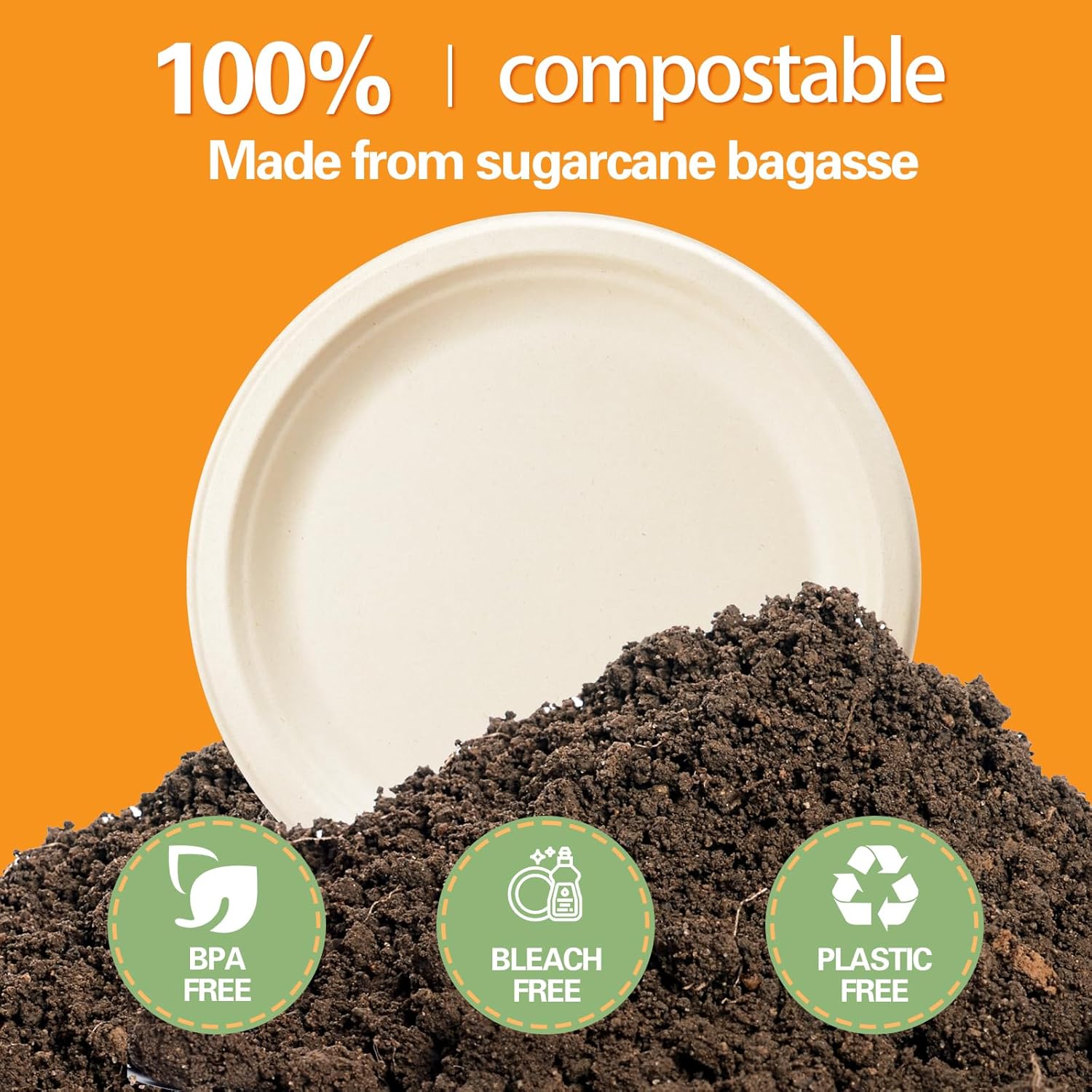 Compostable Paper Plates 9 Inch: 80-pack Disposable Heavy Duty Paper Plates Made of Bagasse, Ideal for Party, Wedding, Graduation, Birthday
