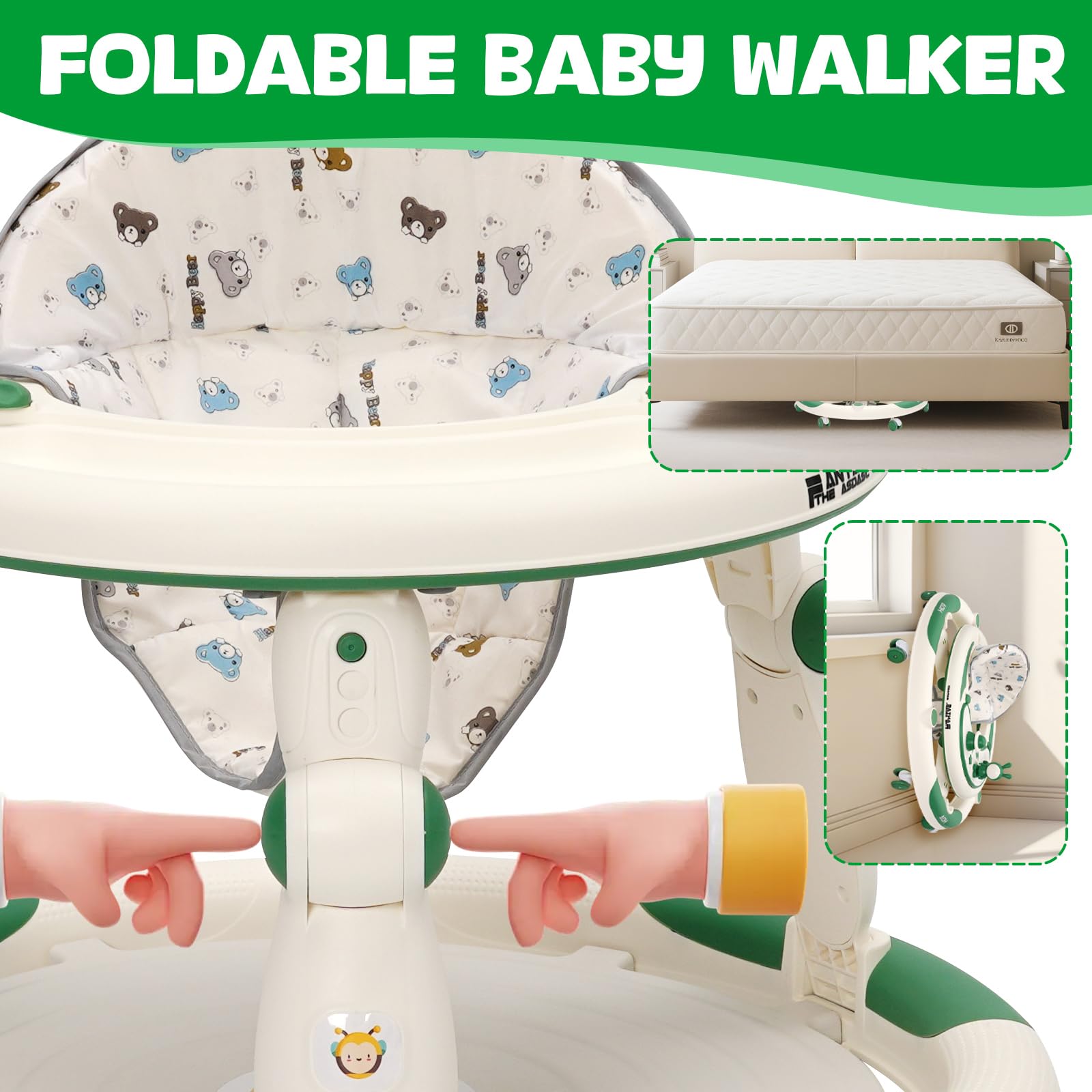 Trotteur Bébé Evolutif 3en1, Jumper Bébé en Roues Silencieuses à 360°, Centre de Jeux, Table à Manger et Accoudoirs, Réglable en Hauteur, Trotteur Bebe Fille/Garçon de 6 Mois Pliable, Vert