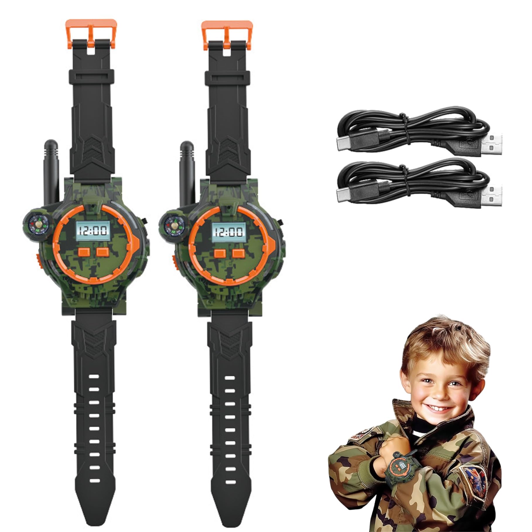 1 paire de talkies-walkies rechargeables USB pour enfants, montre talkie-walkie bidirectionnelle longue portée avec boussole, lampe de poche et heure et date réglables, équipement camping portable
