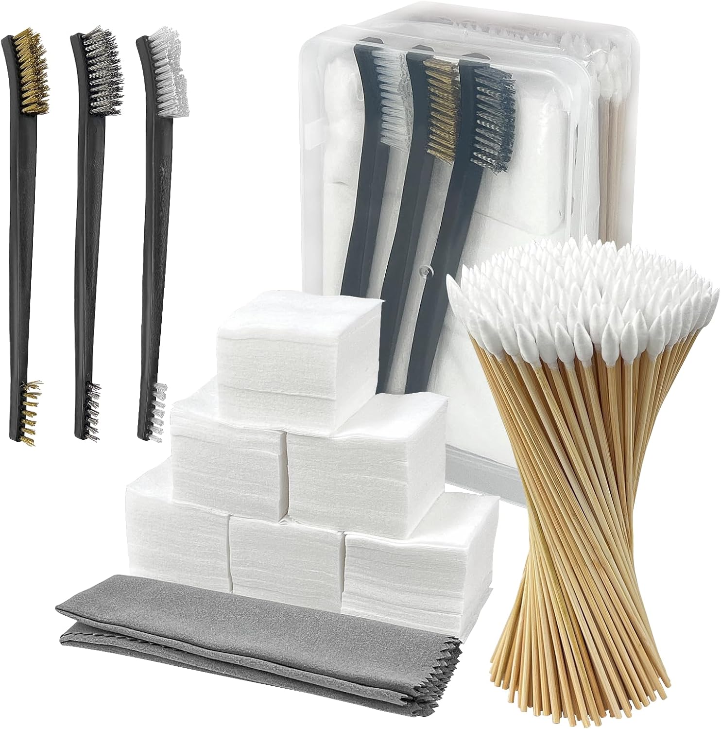 Universal Gun Cleaning Kit - 2 X 2 Inches Patches - 200 PCS 6 Inches Point Swabs - 3 Pcs Gun Cleaning Brush, and A Silicon Gun Cloth Suitable for Most Gun Firearm