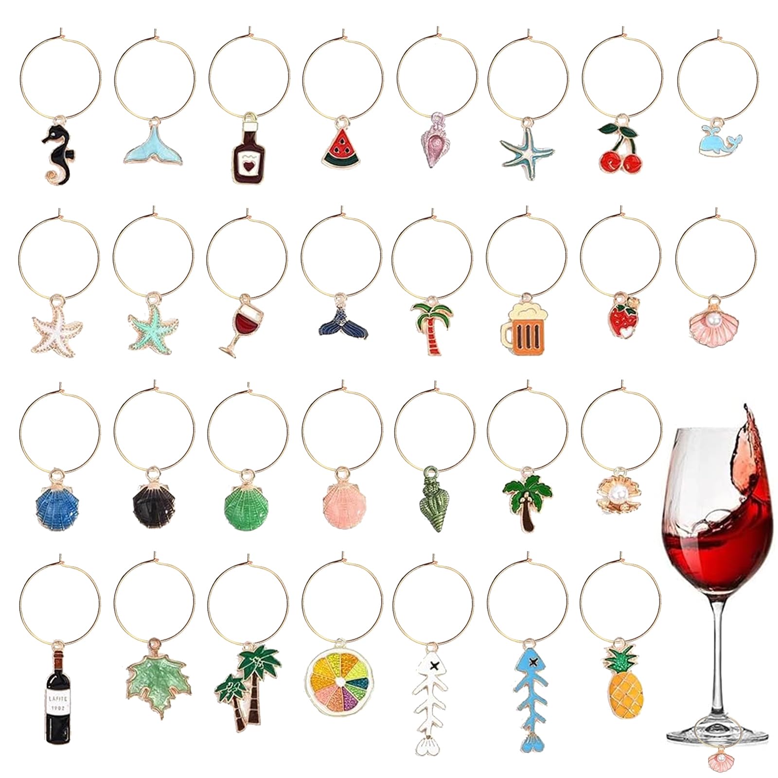 SKDFHOD Weinglas Charms Anhänger, 30 Stück, Strand Thema | Weinglas Charms Ringe, Glas Identifikations Getränke Markierungen, Glasmarkierung, Getränkemarker