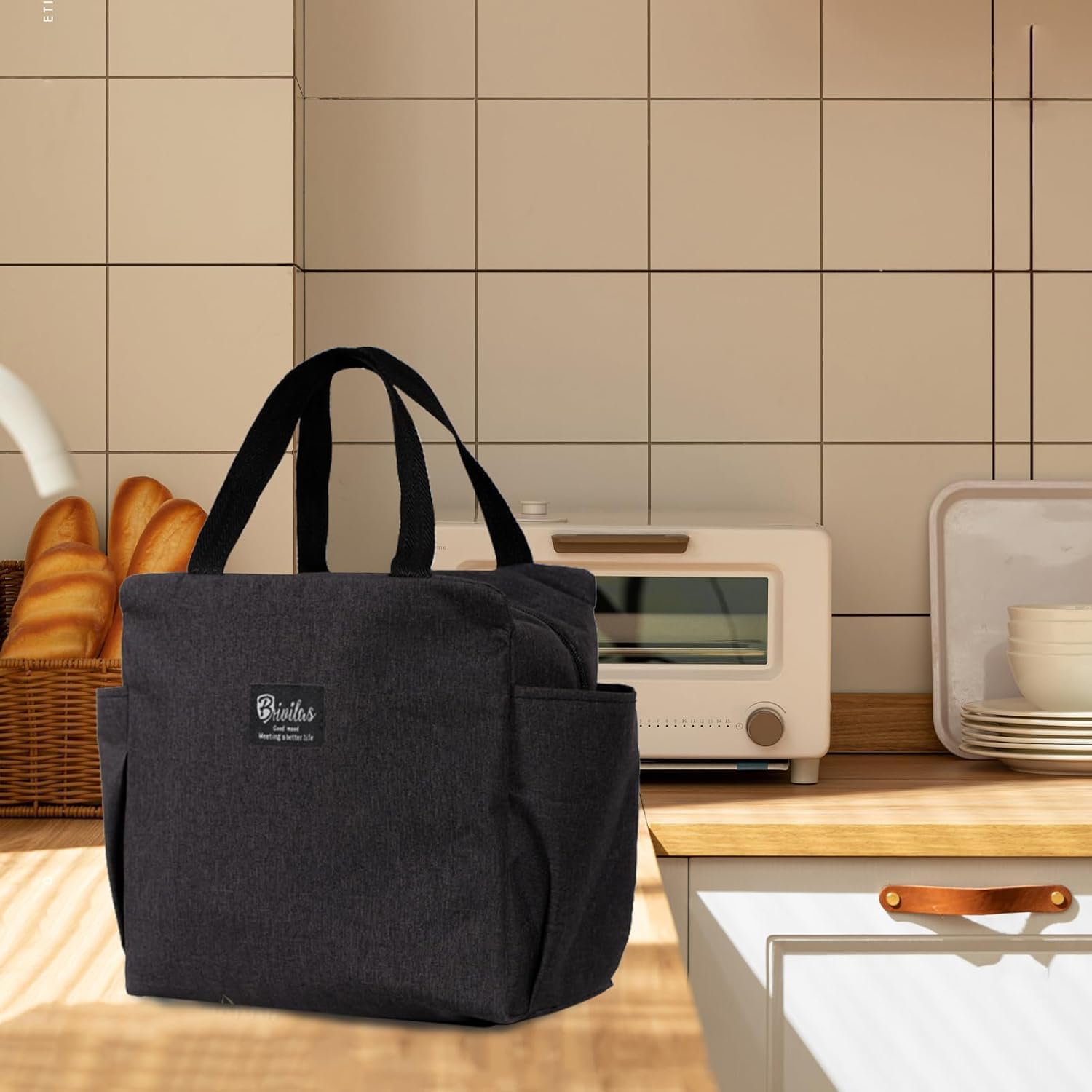 Lunch Bag 8PCS Tote Cooler Insulated Lunch Box for Women and Men Large Capacity Lunch Tote Bag Reusable Waterproof Bento Bag for Work Picnic (Black 8PCS)