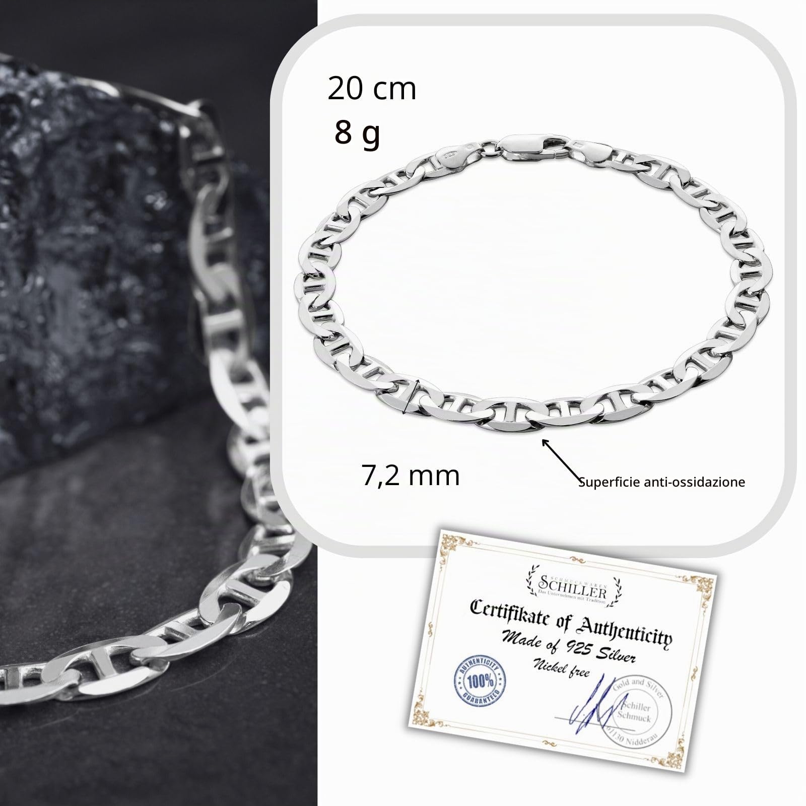 Bracciale Da Uomo In Argento Massiccio 925 Con Design A Maglie Classiche
