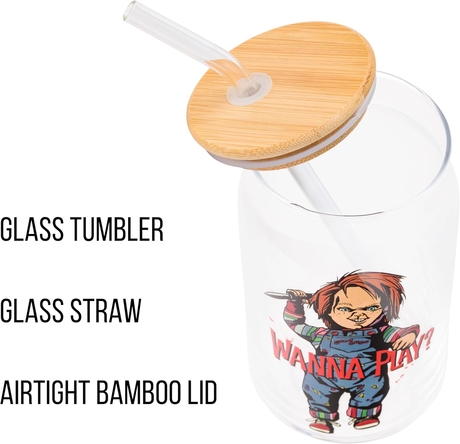 Silver Buffalo Chucky "Wanna Play" Scary Glass Jar Tumbler with Bamboo Lid and Glass Straw, 16 Ounces - Image 4